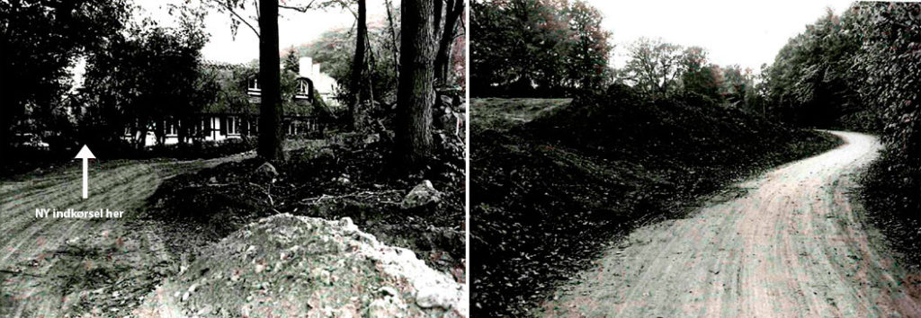 Indkørslen til parkeringsområdet var planlagt til at være tættere på Rundforbivej, men den blev af Søllerød Kommune krævet flyttet op for enden af Gartnerboligerne, hvor den er nu. Til højre ses daværende Stampevej - i dag Egebækvej, som gik gennem Jægersborg Hegn ned til Stampen. Foto: Søllerød Kommune.