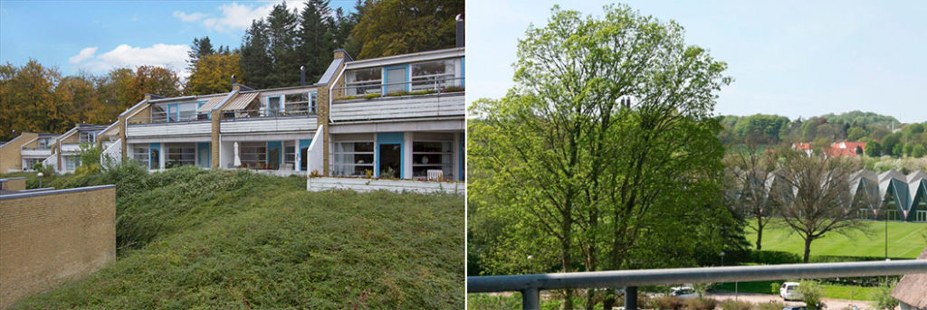 Bebyggelsen indeholder derudover ni forskellige lejligheds typer i terrasseboligerne, disse er fordelt på 28 boligenheder. Bruttoarealerne ligger mellem 69 og 94 m2 og de 28 boliger er alle indrettet i et plan, hvad enten de er beliggende i stueetagen eller på 1. sal, dog har de 4 en-etage boliger der ligger forrest, forskudt plan. Alle boligerne åbner sig med en gennemgående glasfacade til en stor altan/terrasse mod vest og med terrænets stærke fald på vest siden, er der fri udsigt fra alle lejligheder.