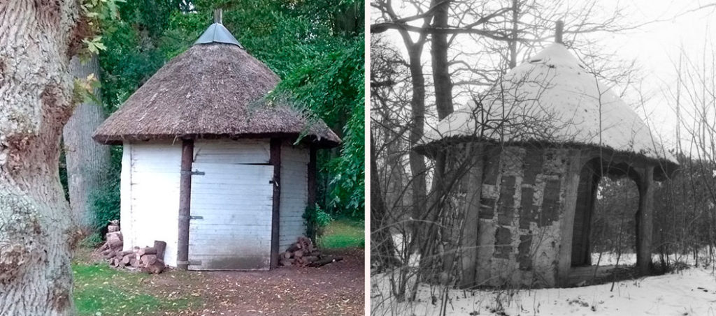 Det gamle havehus var oprindeligt delvist åbent, så man kunne sidde og kigge ud over haven. Men i dag er det lukket helt til og bruges nu som redskabskur. På billedet til højre ses havehuset i vinteren 1983/84.