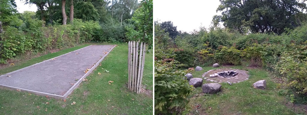 Senere er petanquebane, bålplads, sandkasse og siddeområdet med mulighed for at grille, blevet etableret. Ligesom der er plantet nogle få frugttræer.